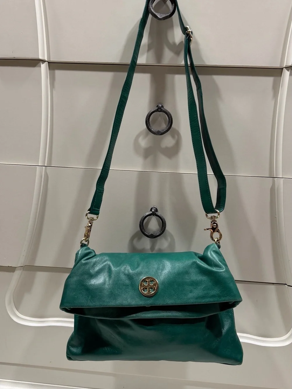 Tory Burch Emerald Green Leather Fold-Over Crossbody with Logo